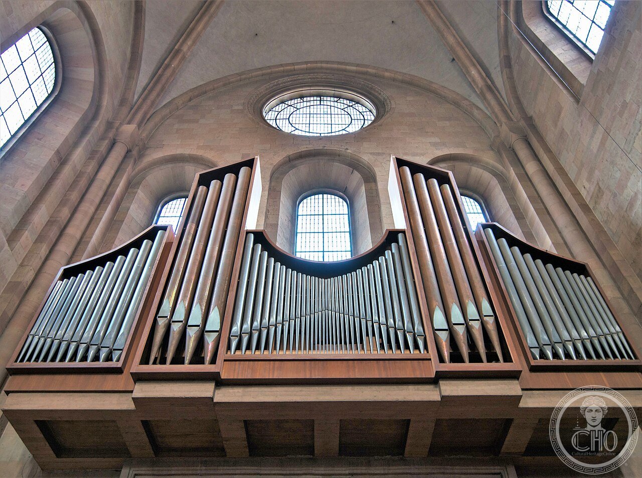 Exterior of Mainz Cathedral (Dom St. Martin), Germany, a Romanesque church begun 975-976 by Archbishop Willigis, burned on the day of its 1009 consecration and rebuilt seven times over the centuries