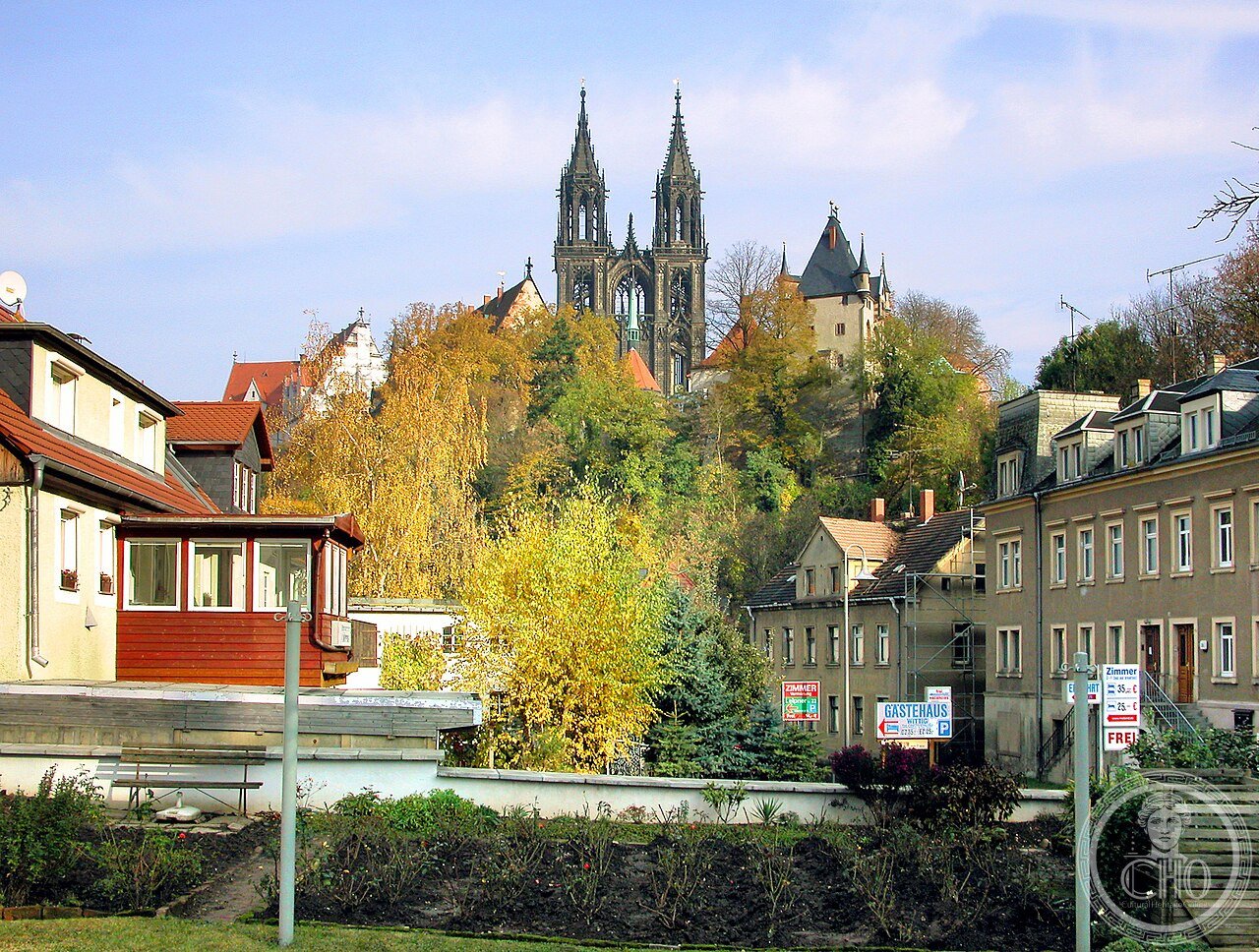 Meissen Cathedral and the Albrechtsburg castle on the Burgberg, Saxony, Germany, a Gothic hall church built 1260-1410 whose twin west towers were only completed in 1903-1909