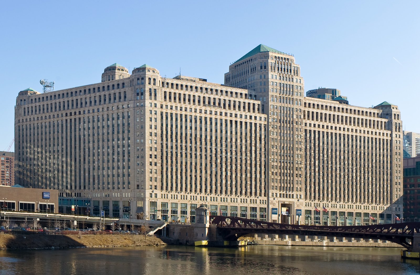 Merchandise Mart Chicago Art Deco facade along Chicago River at Wacker Drive