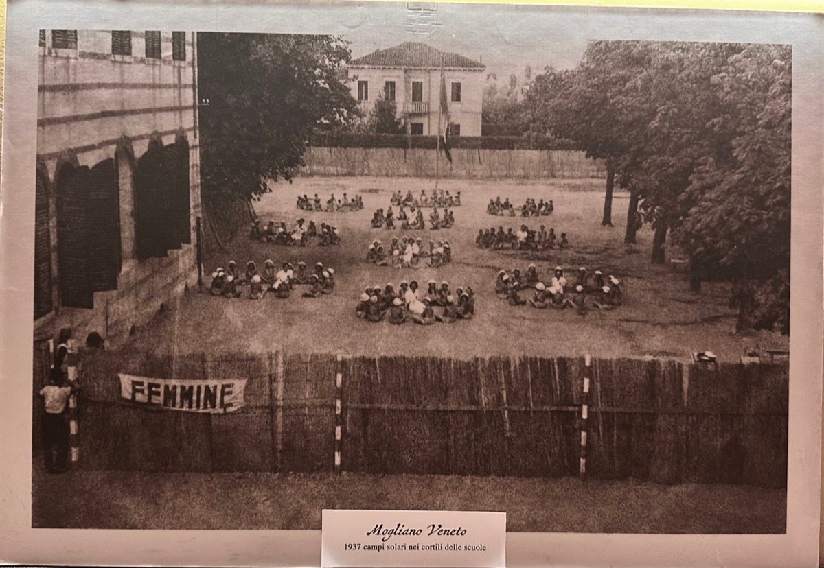 Girls seated in circles in a schoolyard at Mogliano Veneto, summer camps of 1937