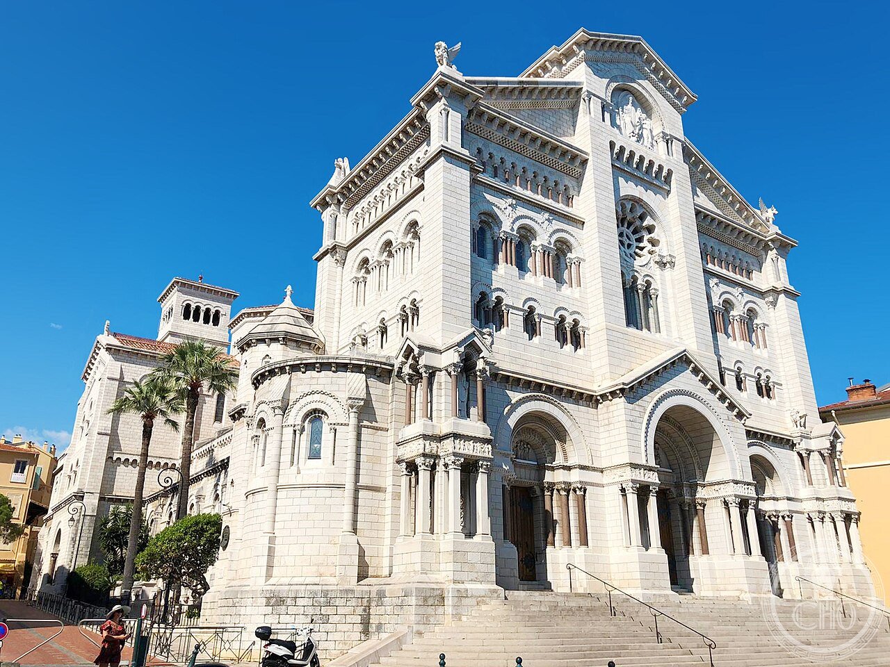 Facade of Monaco Cathedral (Notre-Dame-Immaculée), built 1875-1911 in Romanesque-Byzantine style, where Prince Rainier III married Grace Kelly in 1956 and where both are now buried