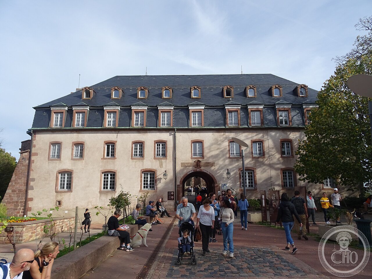 Wide exterior view of the Abbey of Mont Sainte-Odile in Alsace, France, founded in the late 7th century by Duke Etichon for his daughter Odile, patron saint of Alsace and of good eyesight
