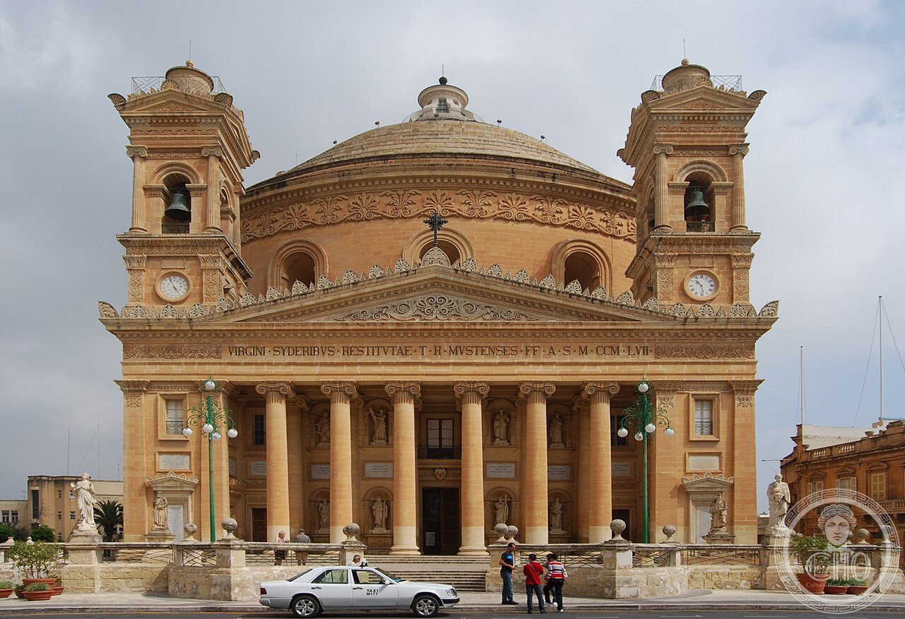 Rotunda of Mosta in Malta, built 1833-1860, whose dome is the third-largest unsupported dome in the world, and where a 500kg German bomb pierced the roof and skidded across the floor during Mass in 1942 without exploding, in front of 300 parishioners