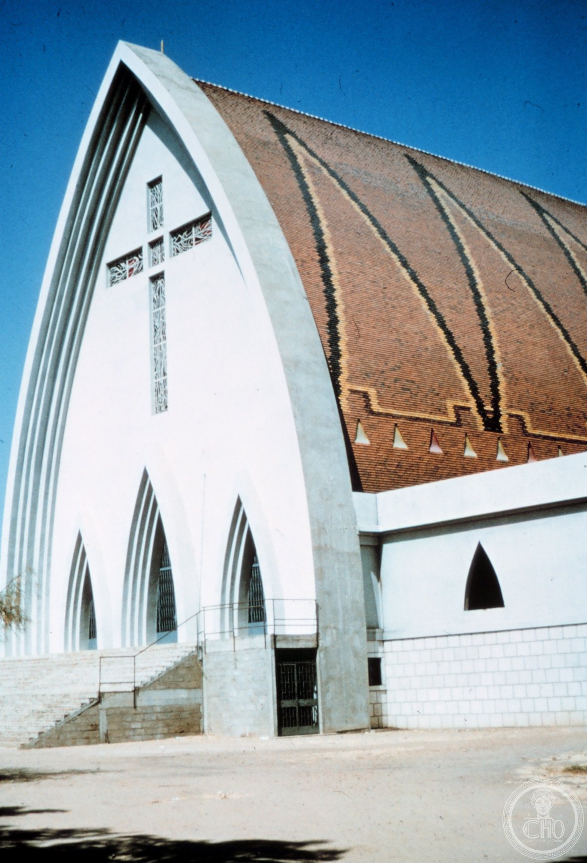 Our Lady of Peace Cathedral in N'Djamena, Chad, whose distinctive ogival façade, evoking traditional Massa and Musgum beehive huts, was destroyed in 1980 civil-war fighting and rebuilt over four decades