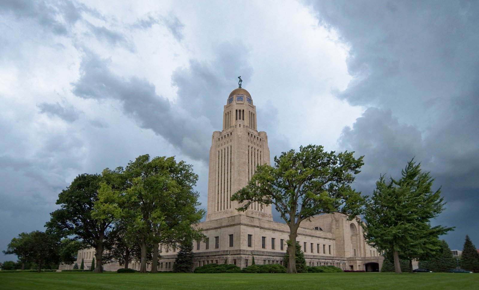 Nebraska State Capitol tower rising above Lincoln, Nebraska skyline
