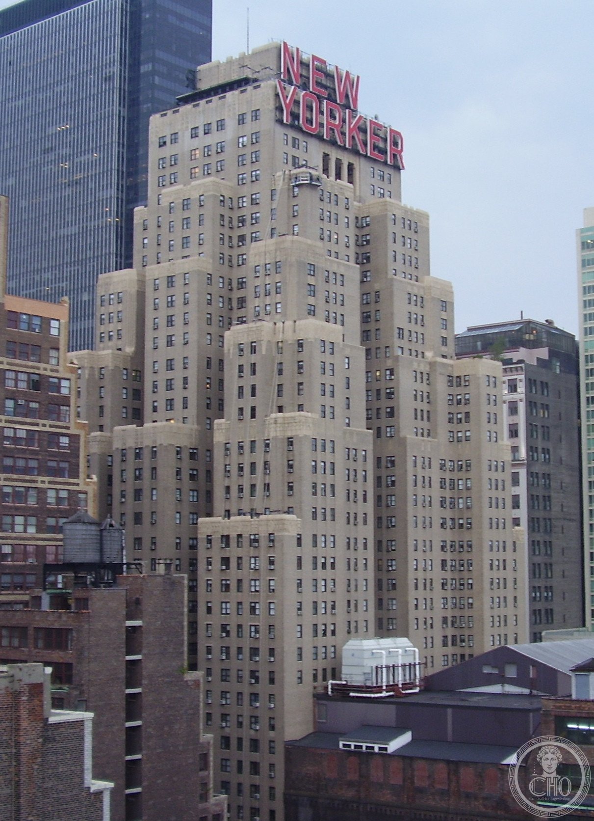 New Yorker Hotel tower on Eighth Avenue in Midtown Manhattan, Art Deco crown