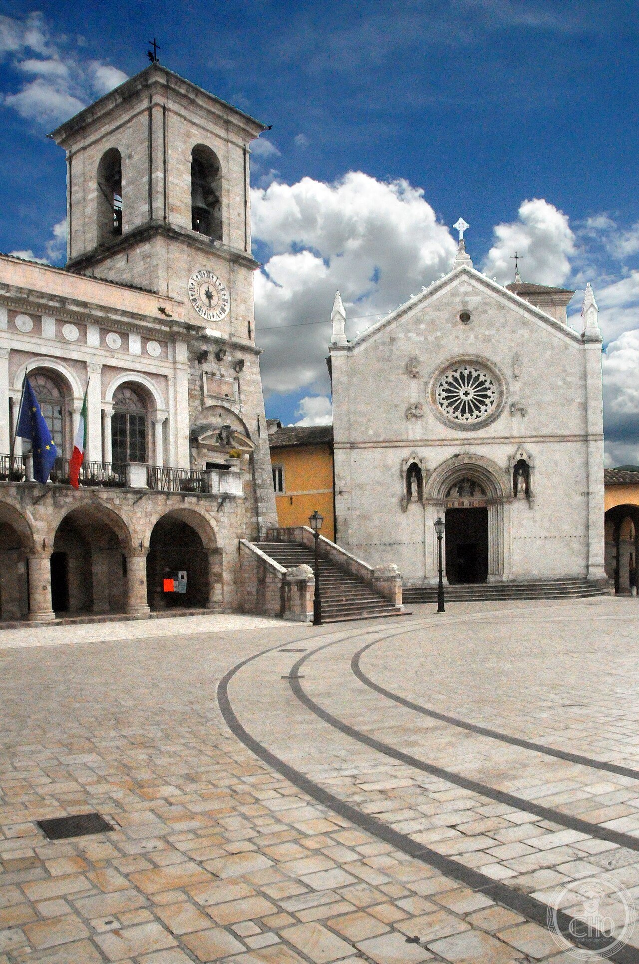 Facade of the Basilica of San Benedetto in Norcia, Italy, built 1290-1338 on the traditional birthplace of Saints Benedict and Scholastica, whose facade remarkably survived the 2016 earthquake that destroyed the rest of the church