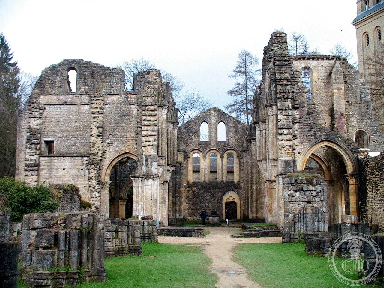 Ruins of the old abbey church at Orval Abbey, Belgium, founded 1132, destroyed during the French Revolution and rebuilt as a new Trappist monastery between 1926 and 1948