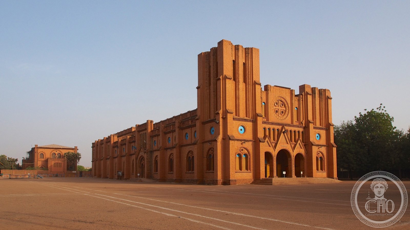 Cathedral of the Immaculate Conception in Ouagadougou, Burkina Faso, built 1934-1936 of red mud brick, its twin towers never completed with their planned spires