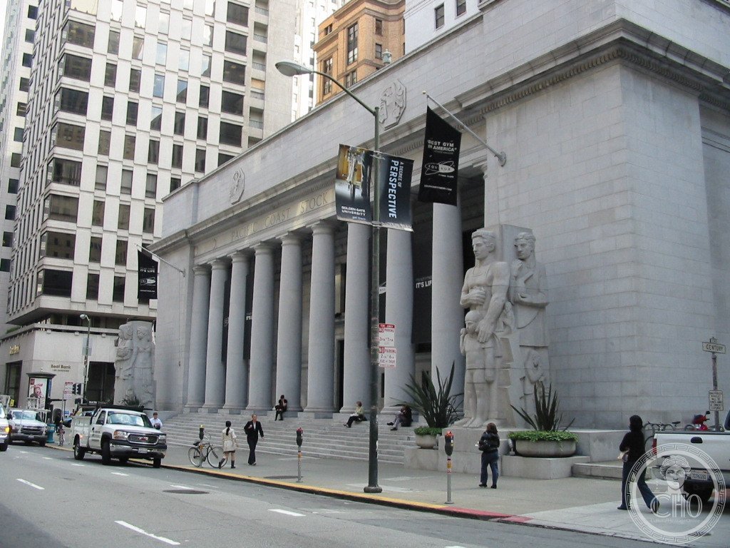 Pacific Coast Stock Exchange at 301 Pine Street, San Francisco — Art Deco entrance facade with Ralph Stackpole carved granite figures, Timothy Pflueger 1930 remodel