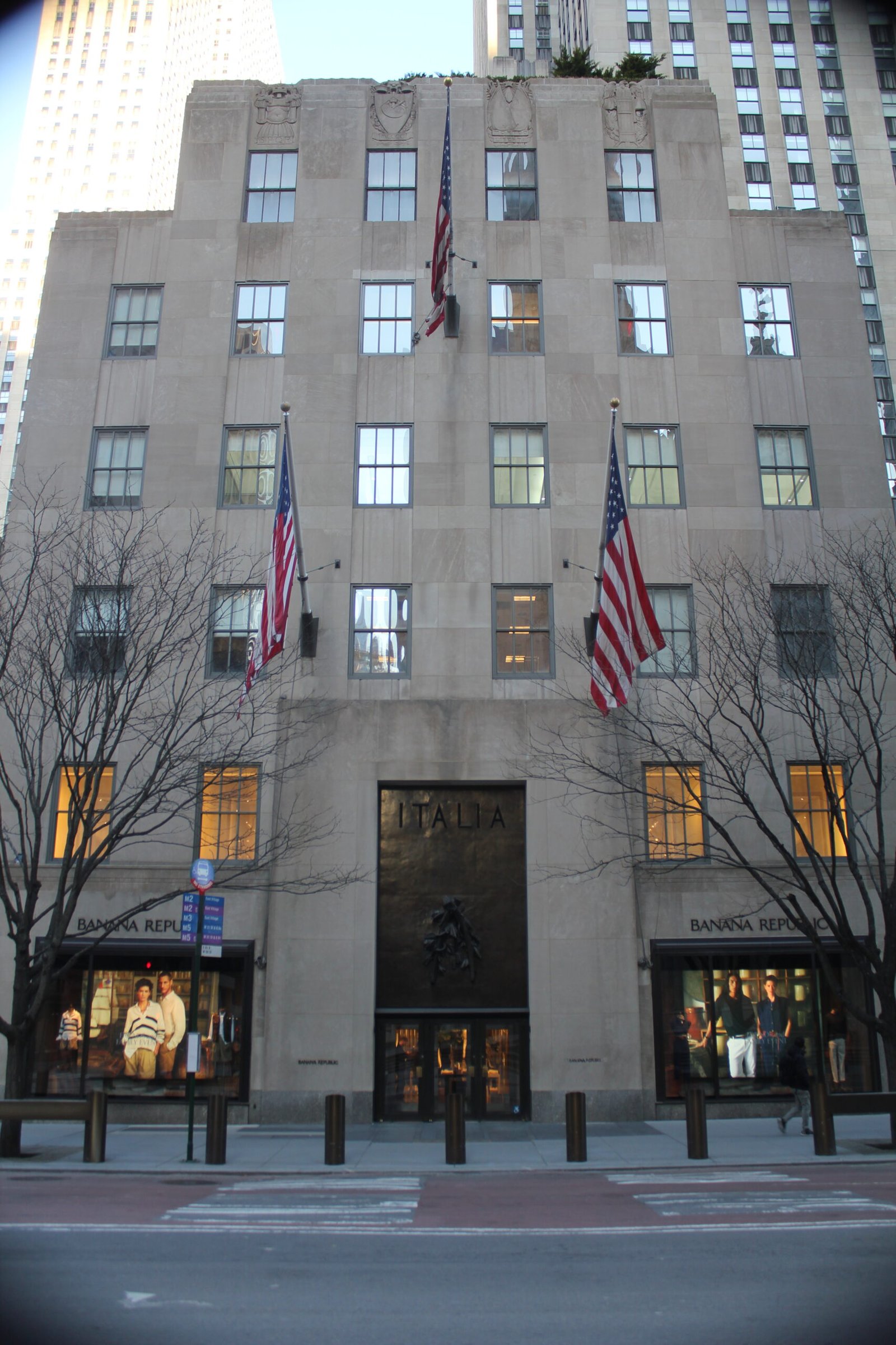 Limestone facade of the Palazzo d'Italia on Fifth Avenue with ITALIA over the entrance