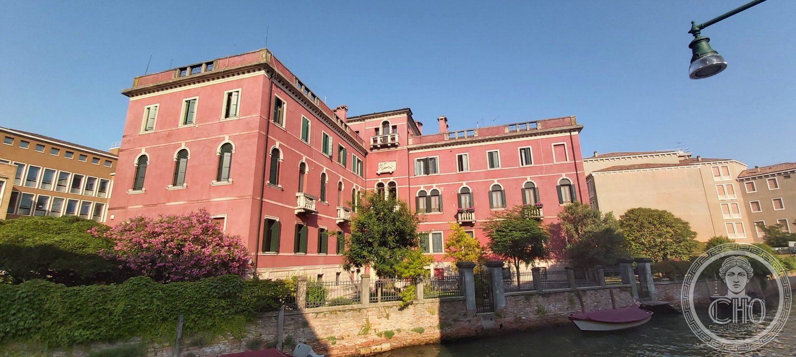 Wide view of the red palazzo and Rio dei Tolentini from Fondamenta del Monastero, Venice