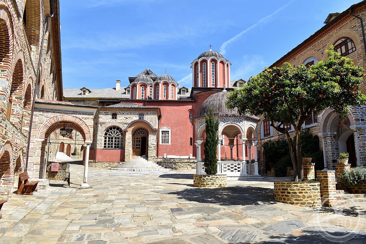 Pantokratoros Monastery on Mount Athos, Greece, founded around 1357-1360 by two Byzantine military brothers, home to the miraculous icon of the Virgin known as Gerontissa, the Eldress