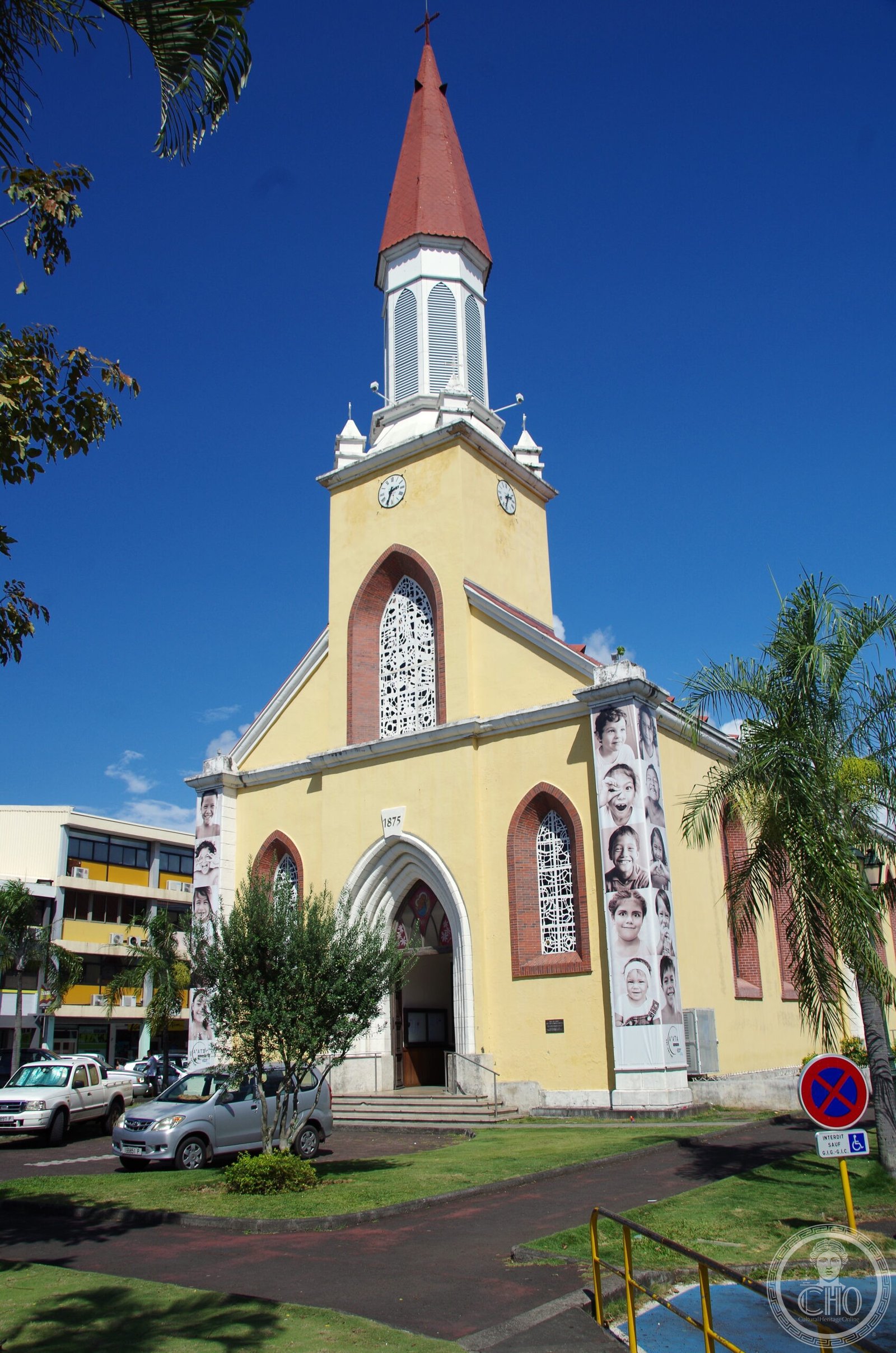 Cathédrale Notre-Dame de Papeete in Tahiti, French Polynesia, built 1856-1875 by Mangarevan craftsmen who paused construction to sail home and finish carving the cathedral's doors
