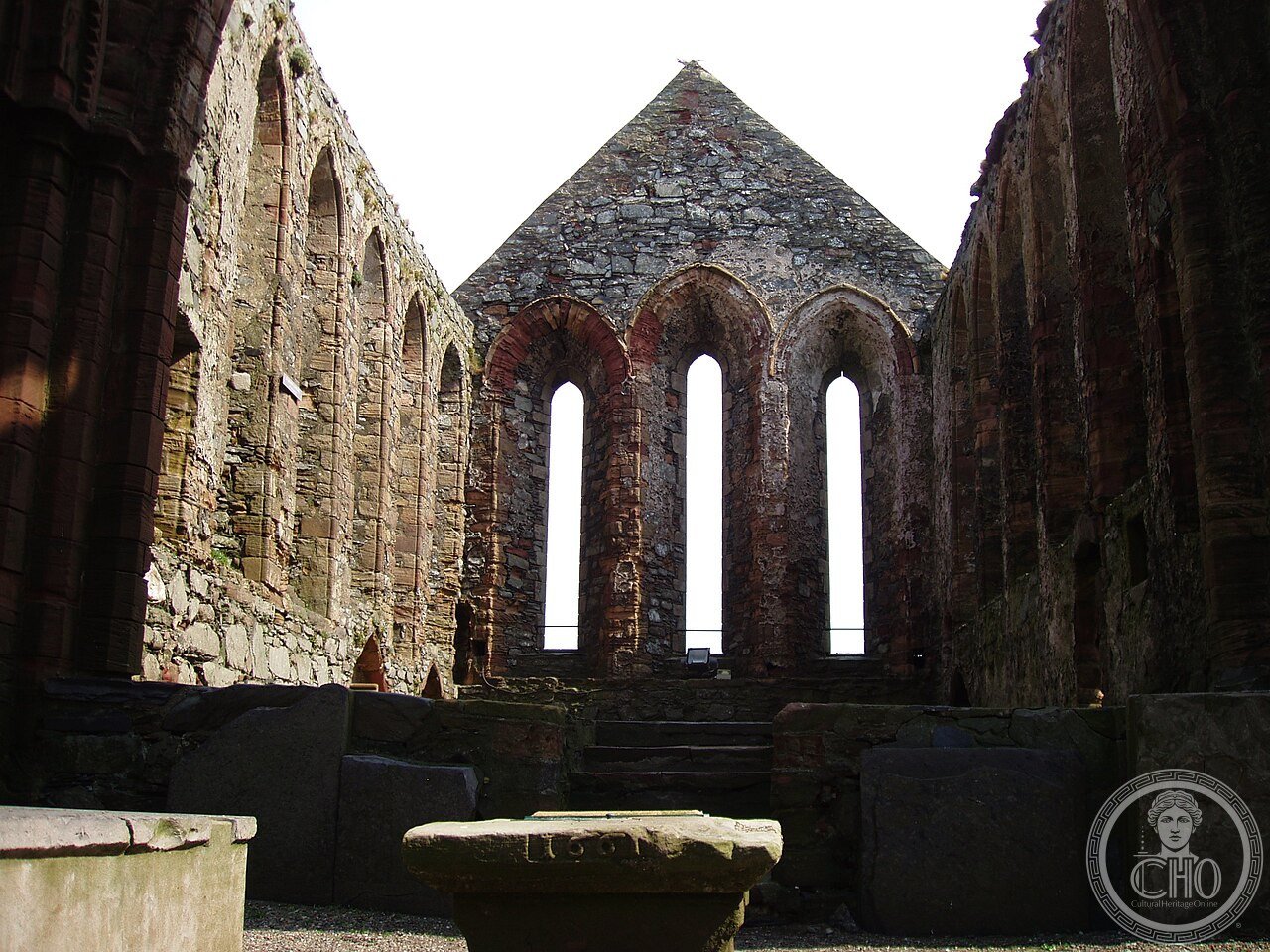 Ruins of St German's Cathedral within Peel Castle, Isle of Man, built in the 12th century and abandoned in the 18th, haunted according to legend by the Moddey Dhoo, a phantom black dog said to have inspired part of Arthur Conan Doyle's Hound of the Baskervilles