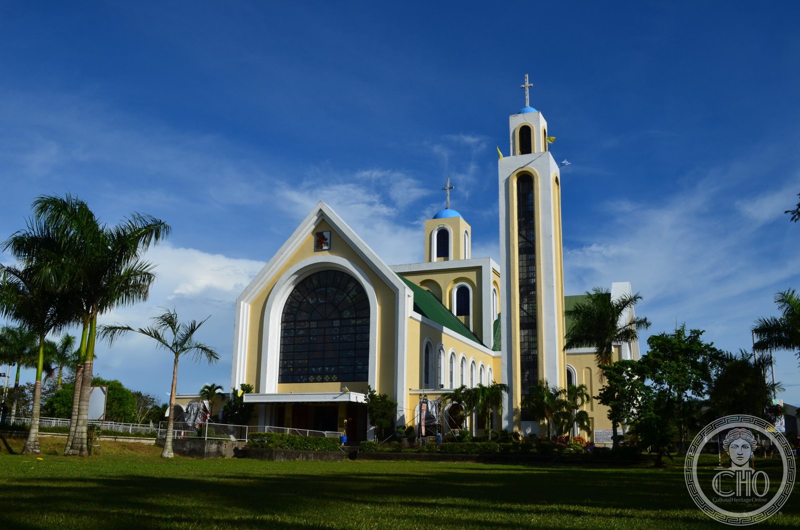 Basilica Minore of Our Lady of Peñafrancia in Naga City, Philippines, a modern white church with a fan-shaped stained-glass window and square bell tower