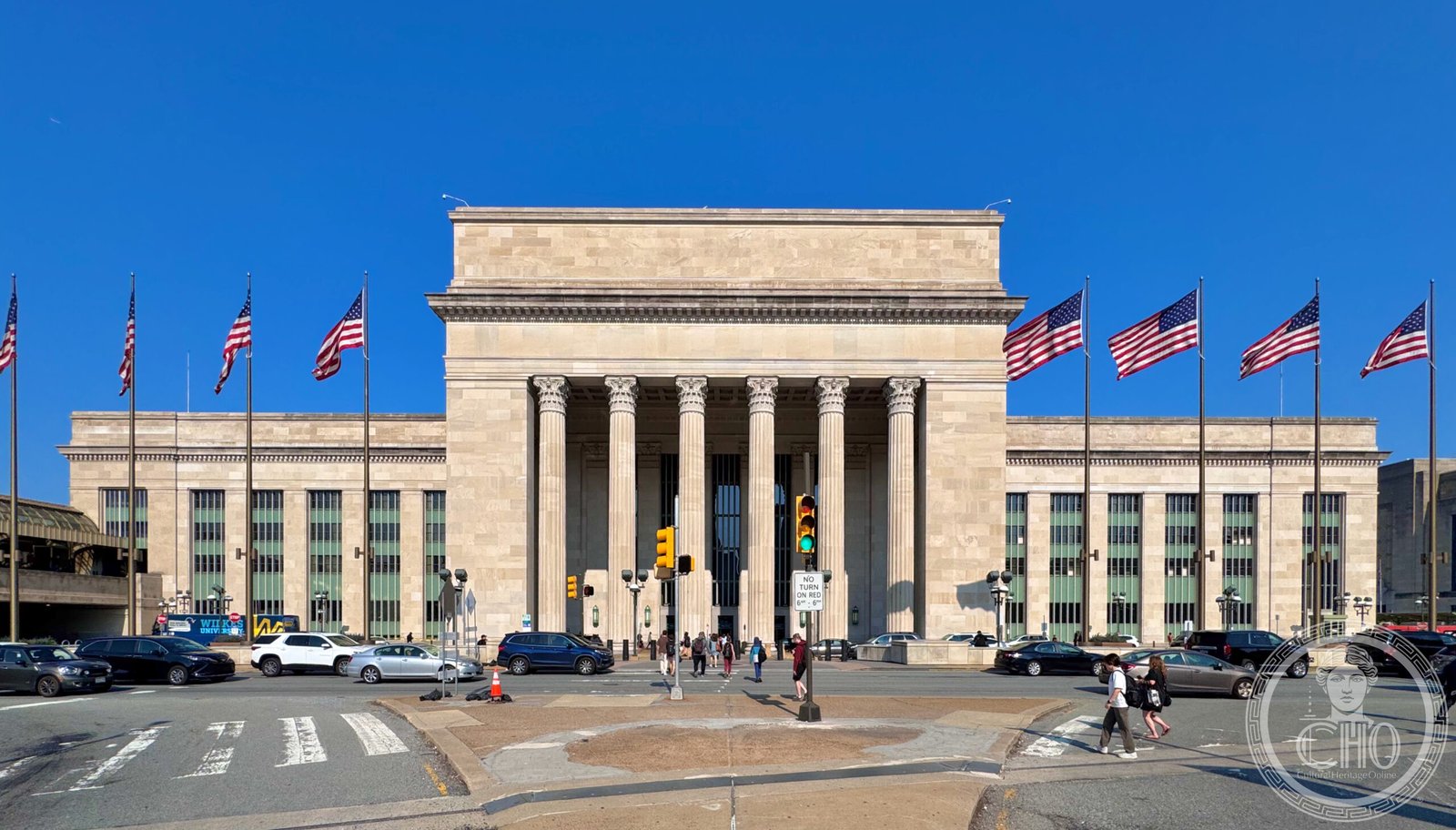 30th Street Station west entrance from John F. Kennedy Boulevard, Philadelphia Pennsylvania — Classical Moderne railroad station 1933, Graham Anderson Probst and White architects