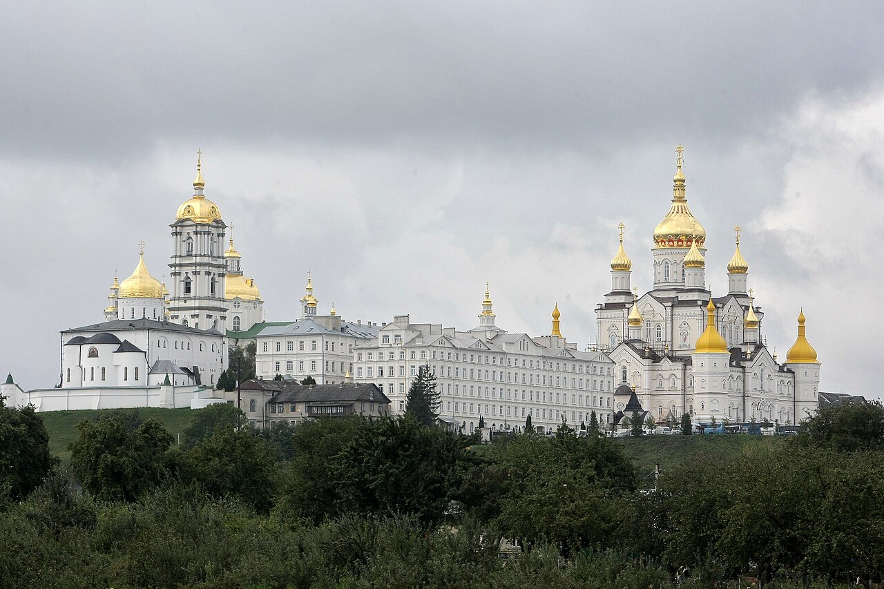 Wide exterior view of Pochaiv Lavra monastery complex, Ukraine, documented from 1527, one of Eastern Orthodoxy's major pilgrimage sites in Eastern Europe