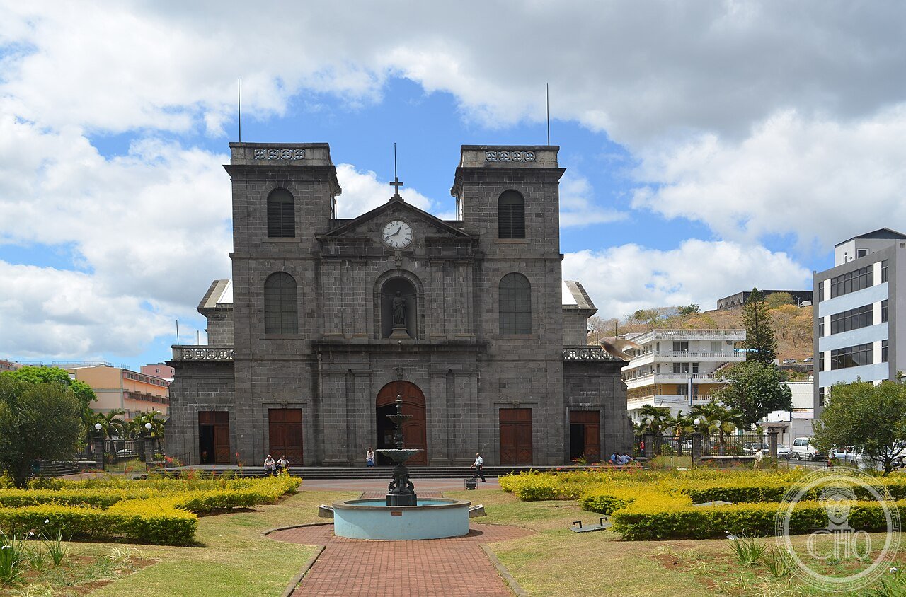 Cathedral of Saint Louis in Port Louis, Mauritius, rebuilt in its current form in 1930-1933 after repeated cyclone damage to earlier buildings on the site since 1752
