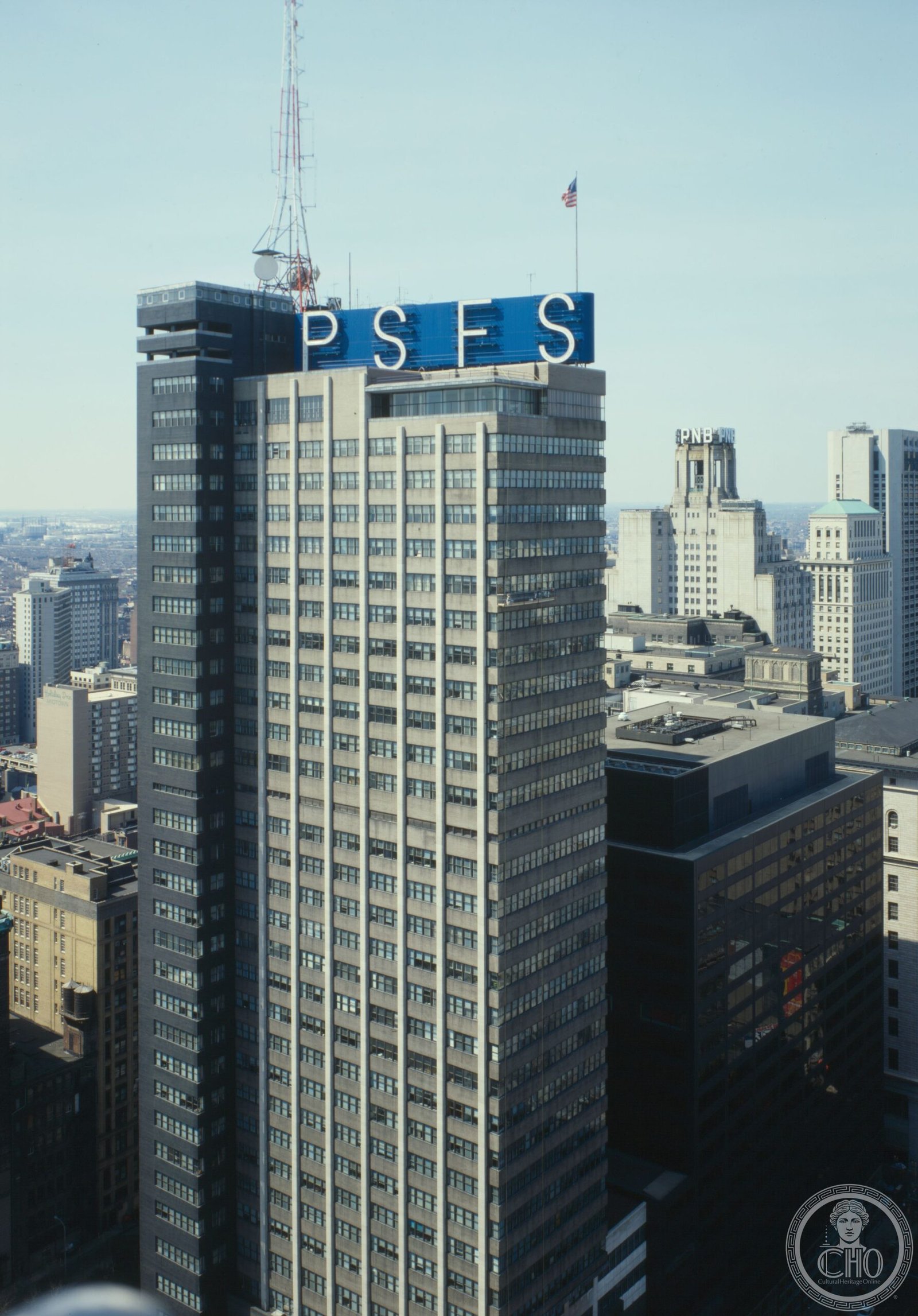 PSFS Building Philadelphia in 1985, showing the tower's ribbon windows and rooftop signage