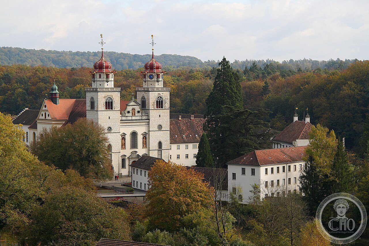 Rheinau Abbey, Switzerland, a Benedictine monastery founded c. 778 on an island in the Rhine, where the Irish hermit Saint Fintan lived for 22 years after escaping Viking slavers, rebuilt in Baroque style by 1744