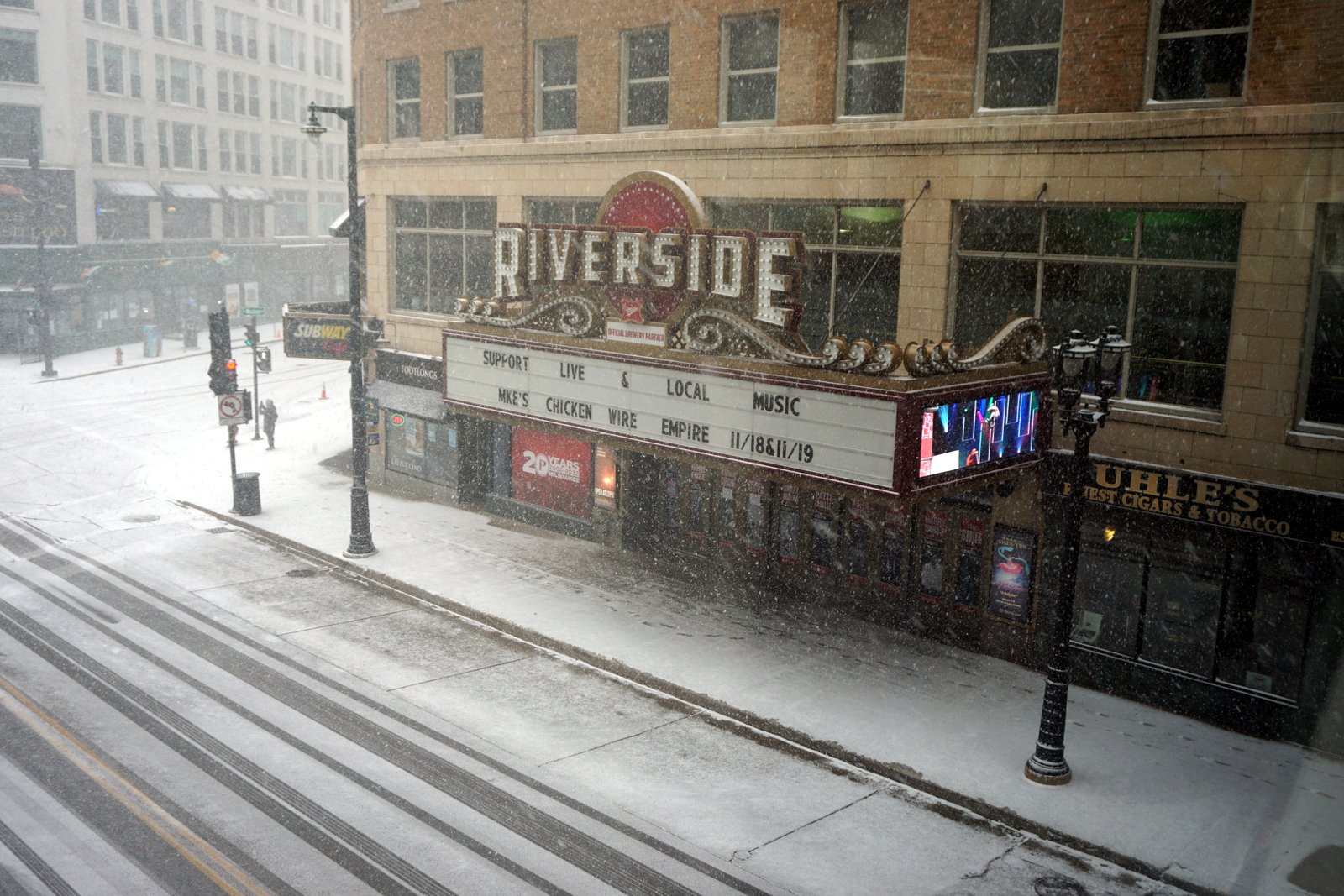 Riverside Theater illuminated facade on W. Wisconsin Avenue, Milwaukee
