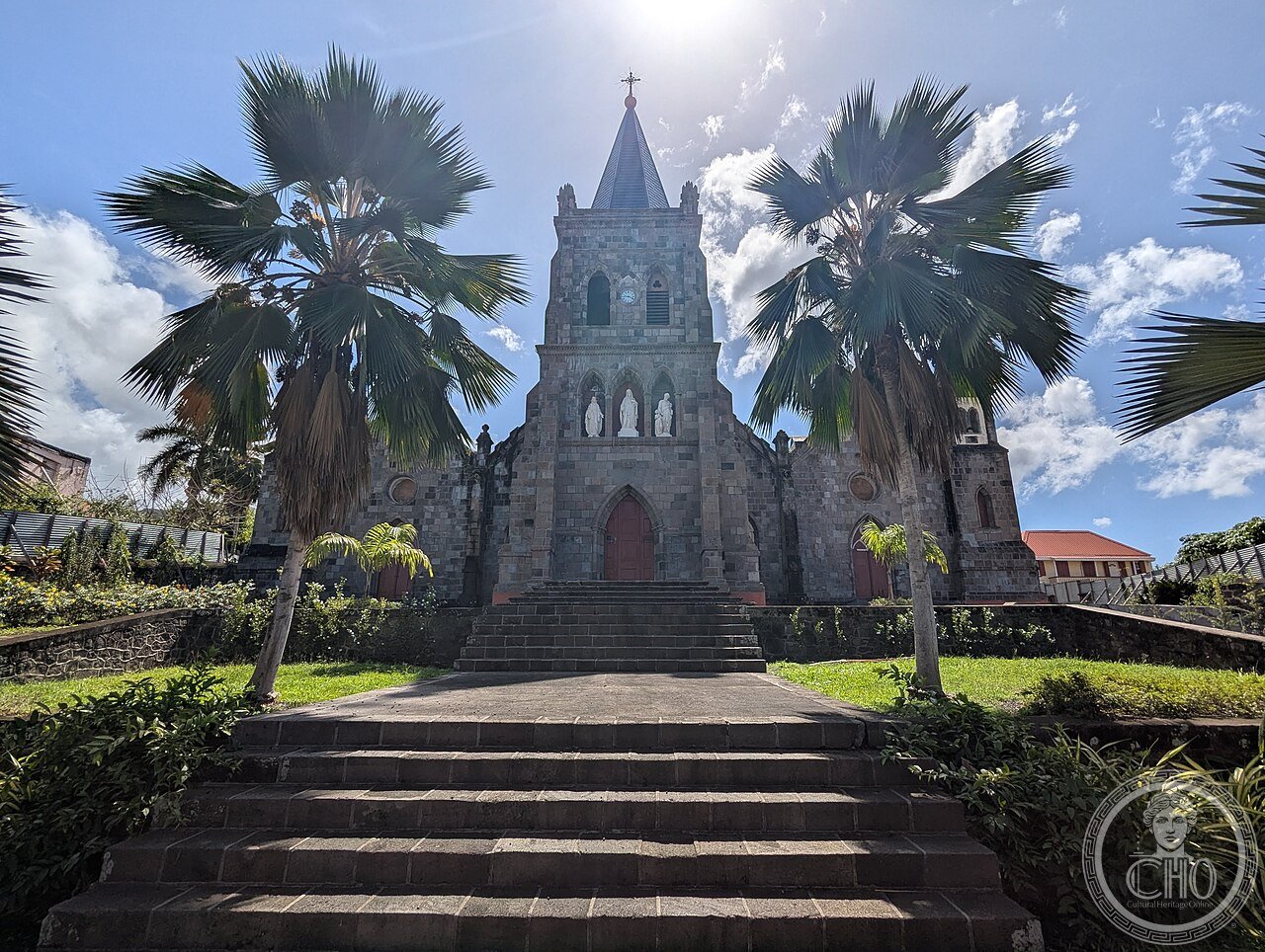 Cathedral of Our Lady of Fair Haven in Roseau, Dominica, built of volcanic rock to withstand earthquakes and hurricanes, still under restoration after Hurricane Maria's 2017 damage