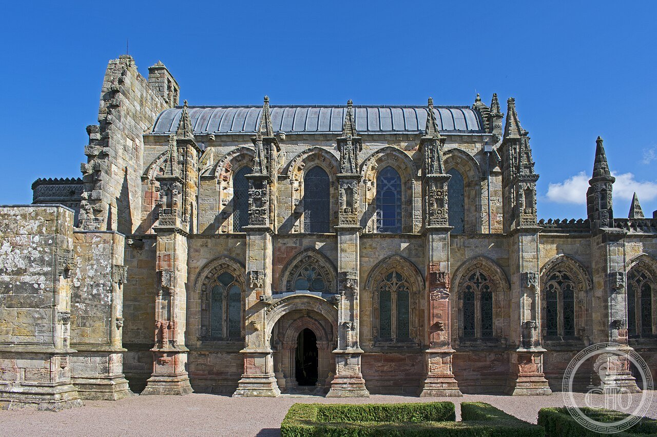 Rosslyn Chapel in Roslin, Scotland, founded by William Sinclair, 1st Earl of Caithness, its interior covered in exceptionally dense medieval stone carving including over 110 Green Men figures