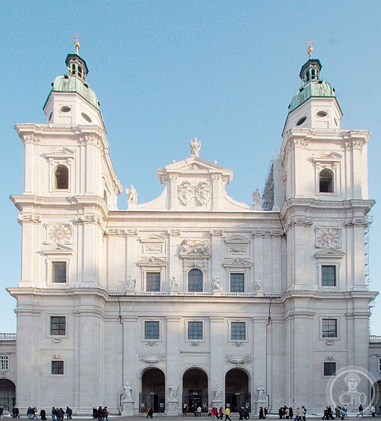 Facade of Salzburg Cathedral, Austria, an early Baroque church by Santino Solari consecrated 1628, holding the bronze 1311 baptismal font in which Mozart was baptised, its dome rebuilt after a 1944 bomb