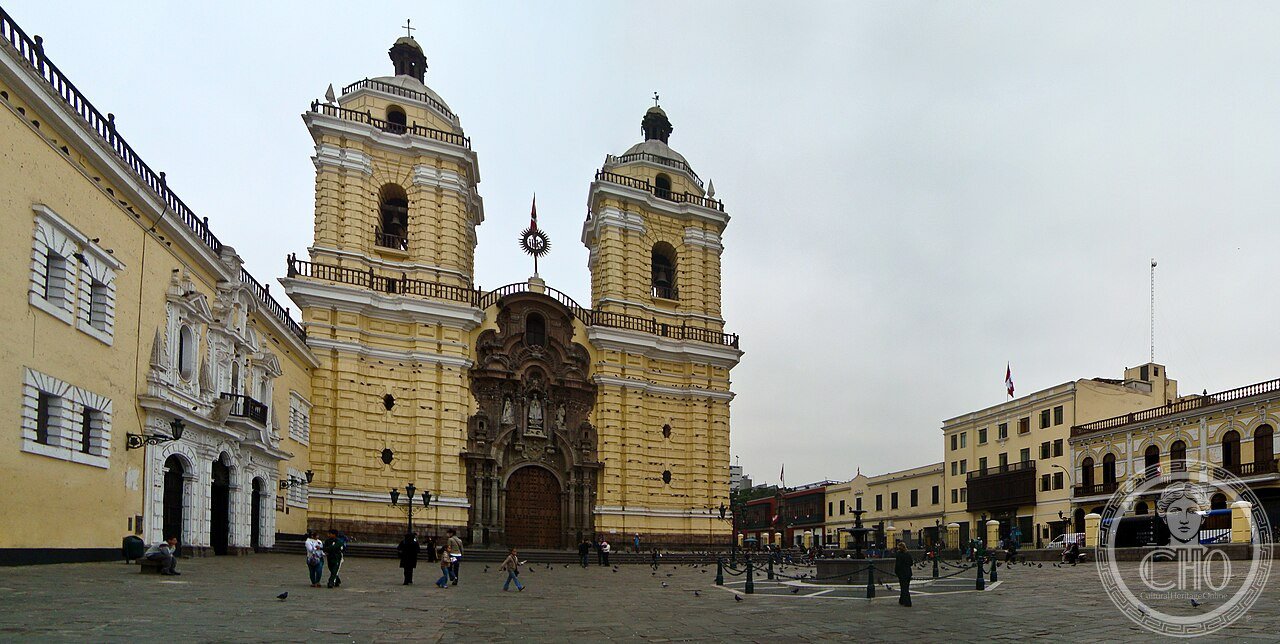 The Basilica and Convent of San Francisco in Lima, Peru, a Spanish colonial Baroque complex famous for its catacombs holding tens of thousands of remains and one of the oldest libraries in the Americas