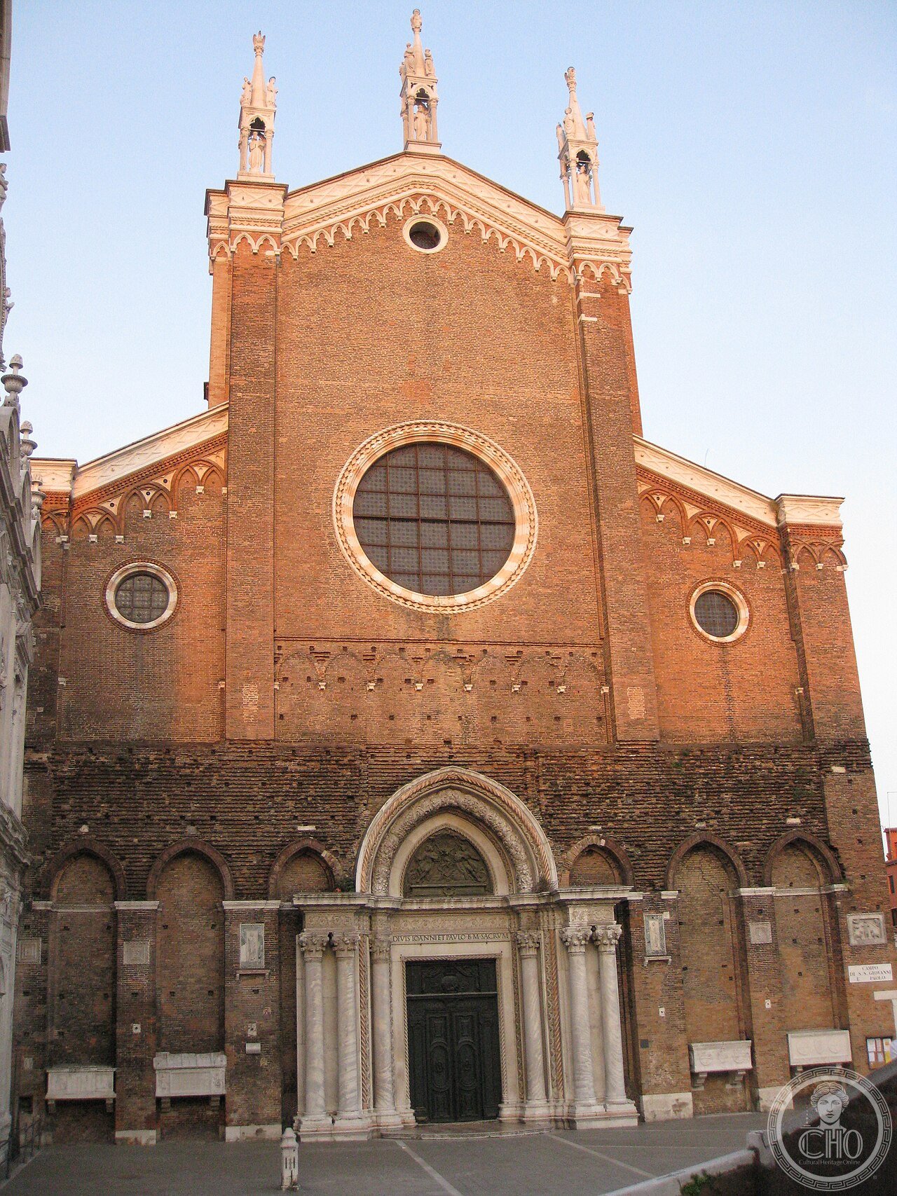 Exterior facade of the Basilica of Santi Giovanni e Paolo in Venice, Italy, built 1246-1430, the largest church in the city and burial place of 27 Doges of Venice