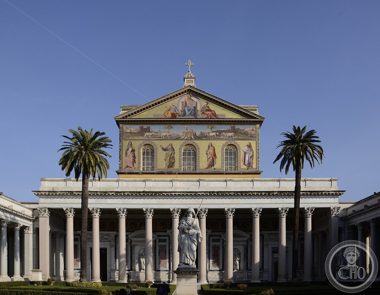 Exterior facade of the Basilica of Saint Paul Outside the Walls in Rome, Italy, first consecrated 324 over the tomb of the Apostle Paul, destroyed by fire in 1823 and rebuilt 1825-1854
