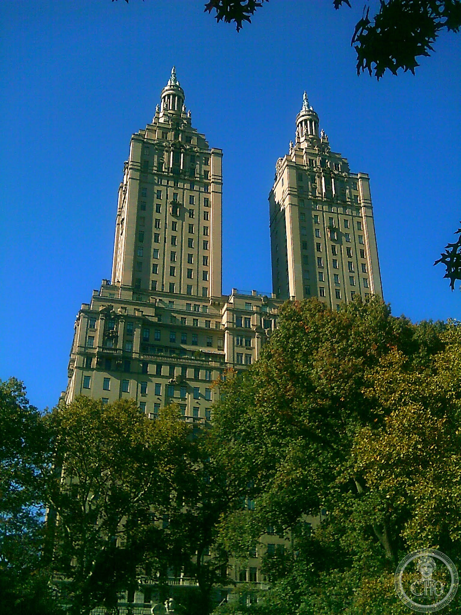 The San Remo, 145 Central Park West, Manhattan — twin Art Deco towers with circular crowns, 1930
