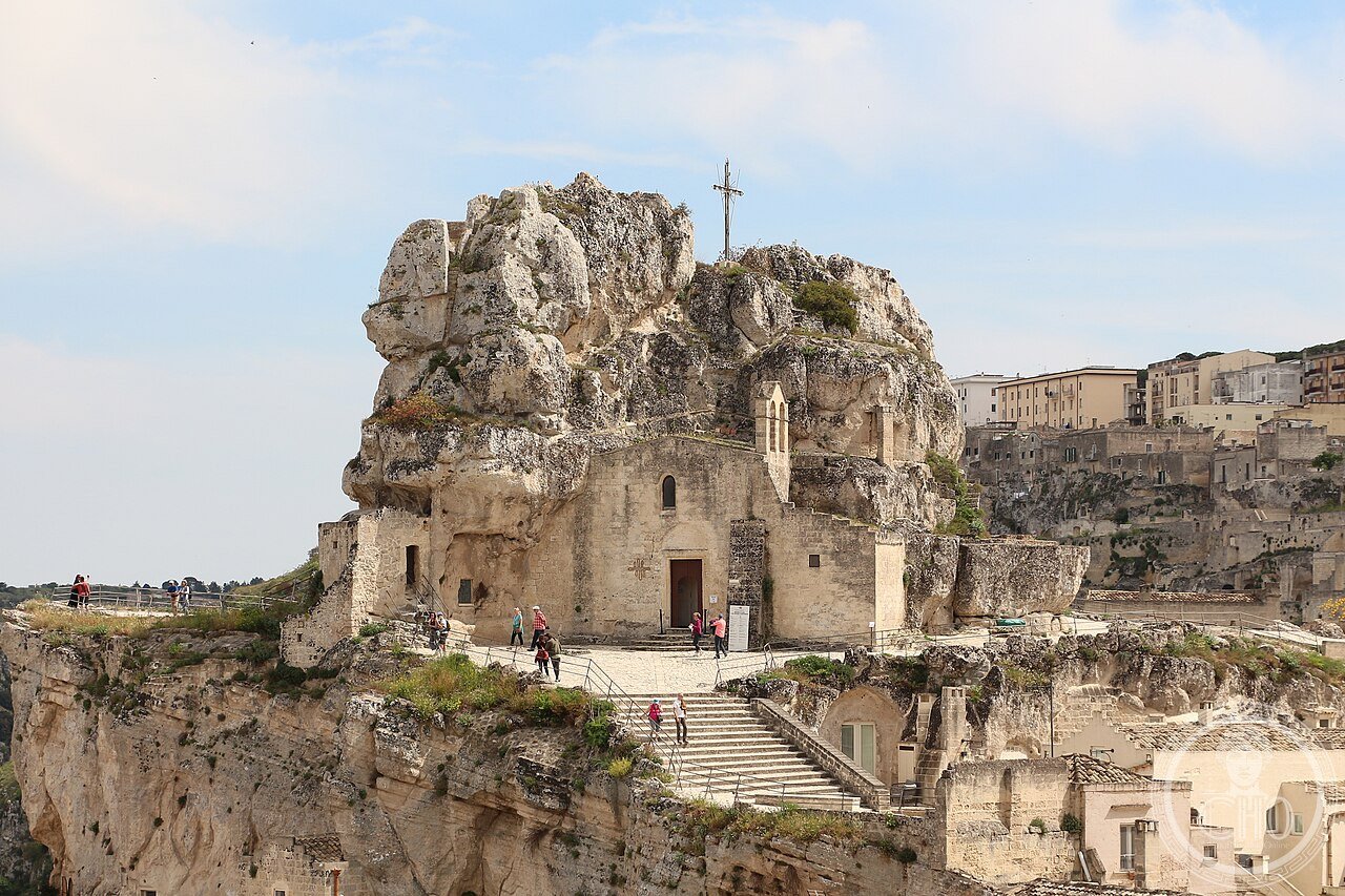 The rock church of Santa Maria de Idris carved into the Monterrone outcrop in Matera, Italy, dating to the 12th-13th century, connected by tunnel to the crypt of San Giovanni in Monterrone
