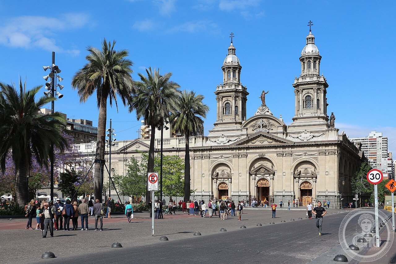 Santiago Metropolitan Cathedral in Chile, the fifth church built on the site since the city's 1541 founding, its Neoclassical design by Joaquín Toesca completed over more than a century and repeatedly rebuilt after earthquakes and fire