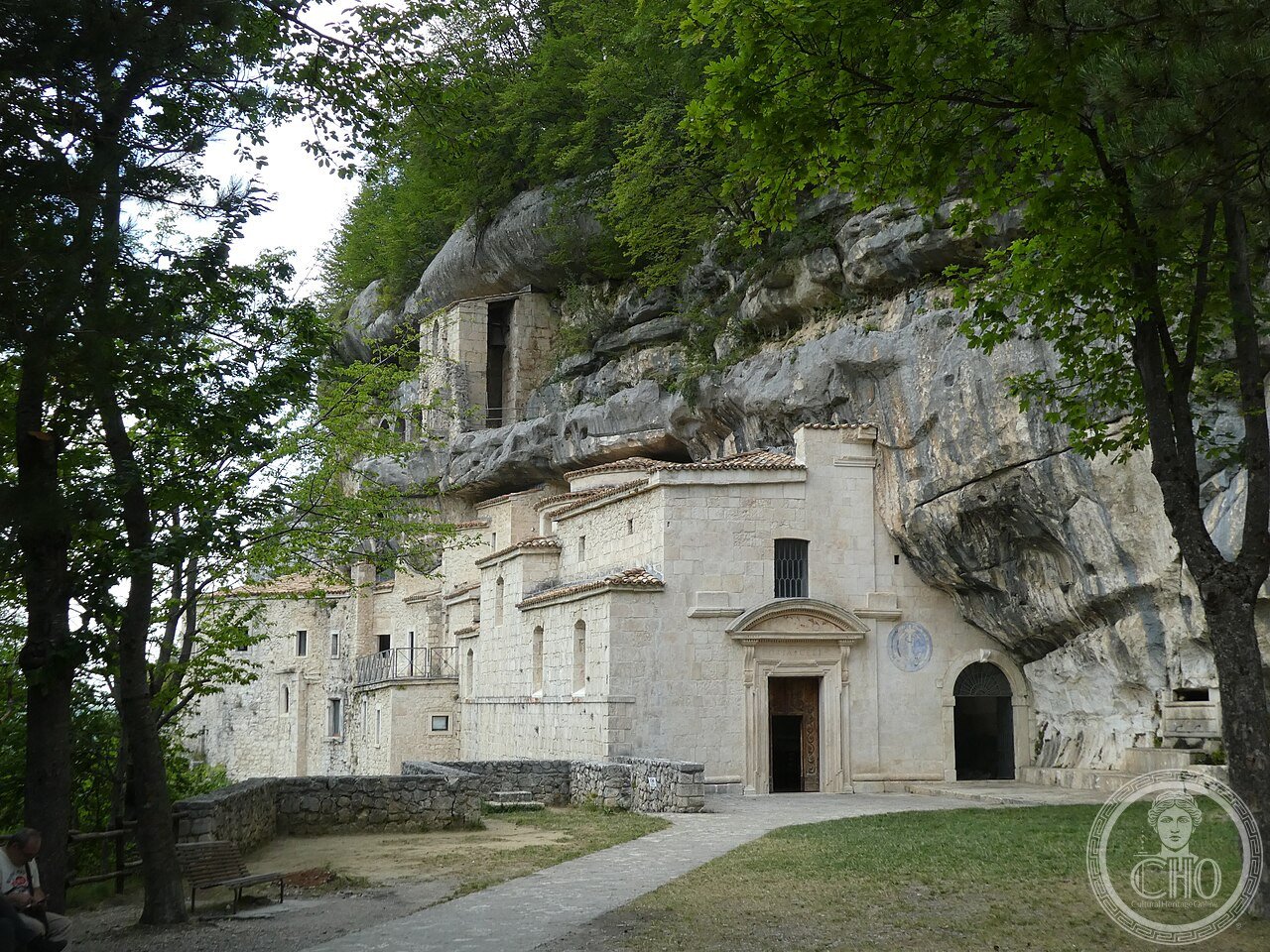 Exterior of the Hermitage of Santo Spirito a Majella near Roccamorice, Abruzzo, Italy, built into a rocky gorge, founded before the 11th century and restructured by Pietro da Morrone in 1246, birthplace of the Celestine order