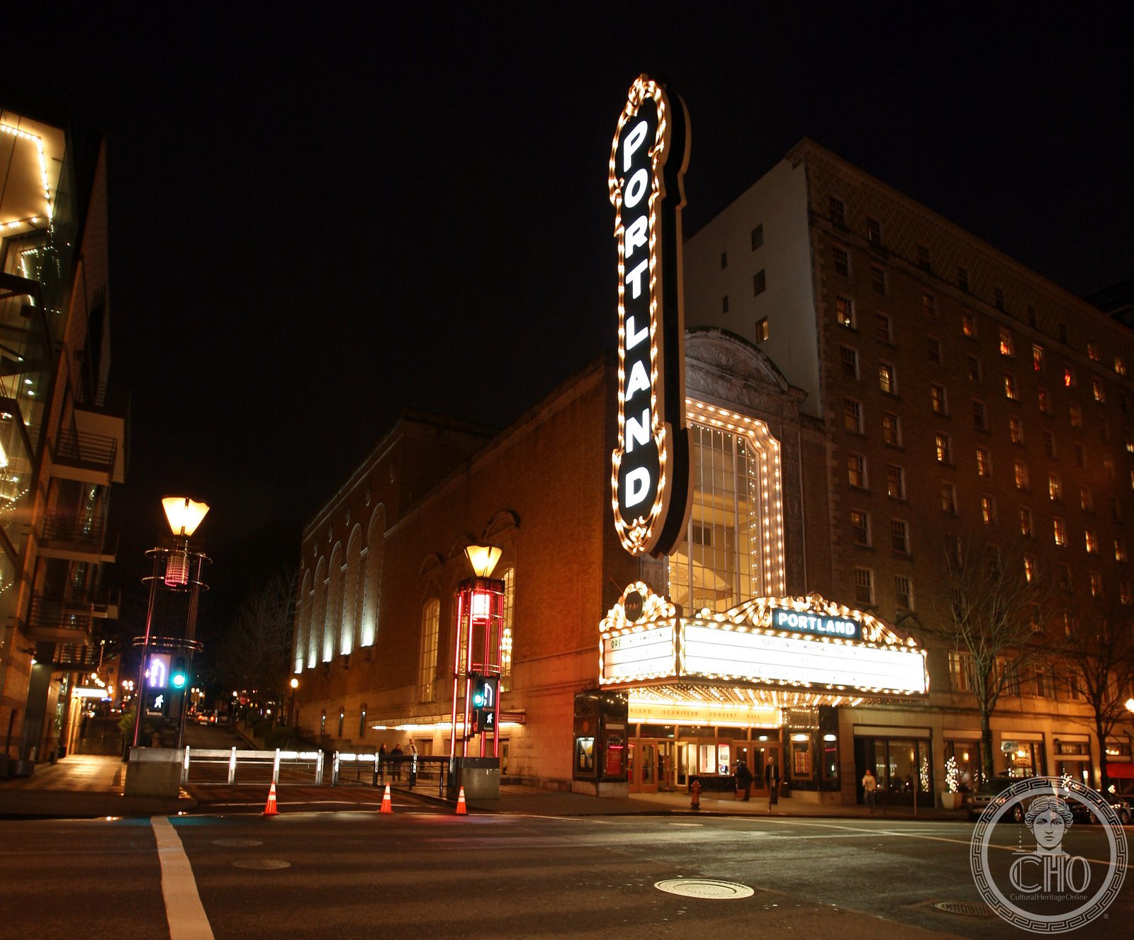 Arlene Schnitzer Concert Hall illuminated at night, SW Broadway, Portland, Oregon