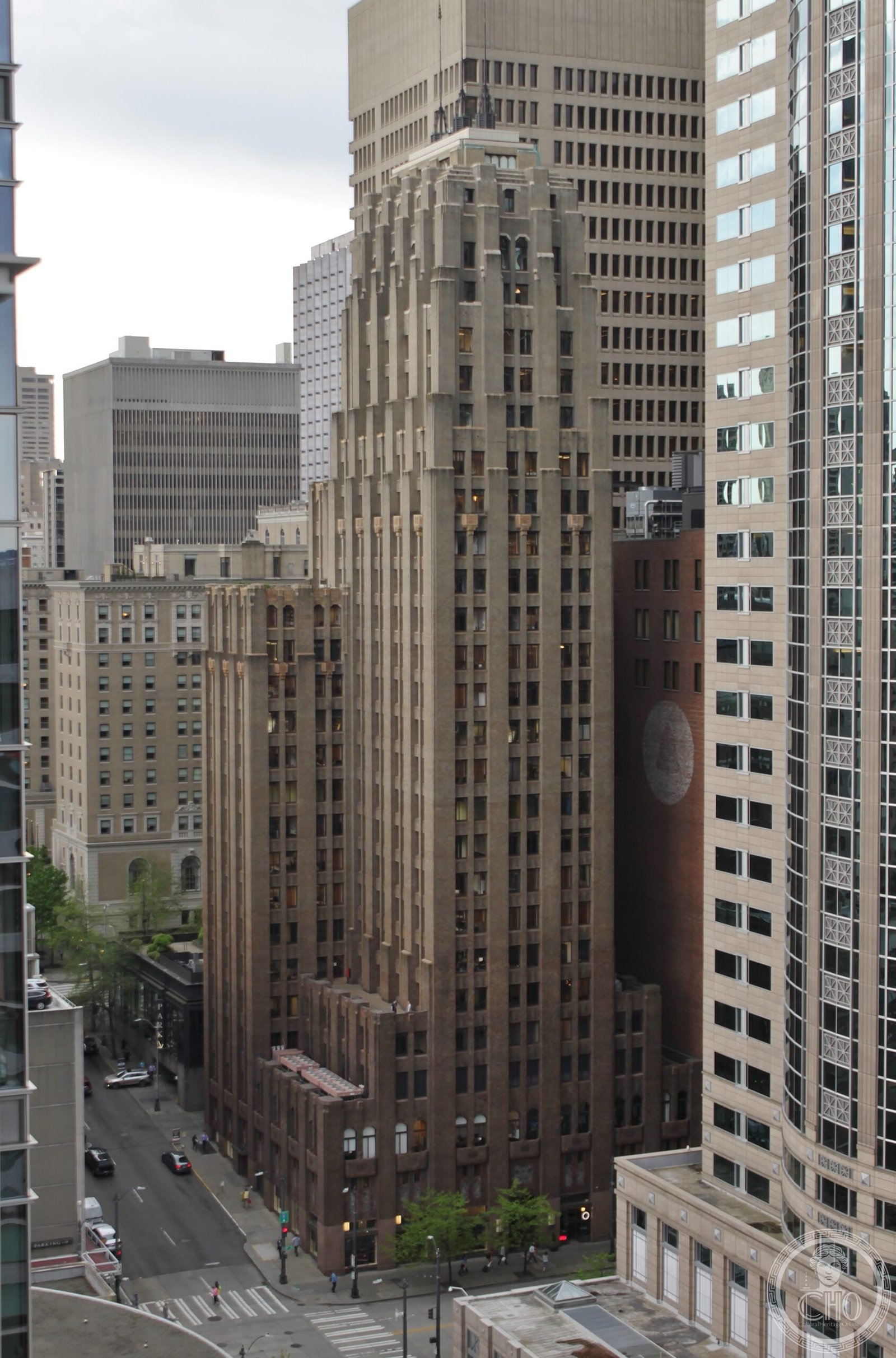 Seattle Tower also known as Northern Life Tower rising above Third Avenue in downtown Seattle, graduating brick facade