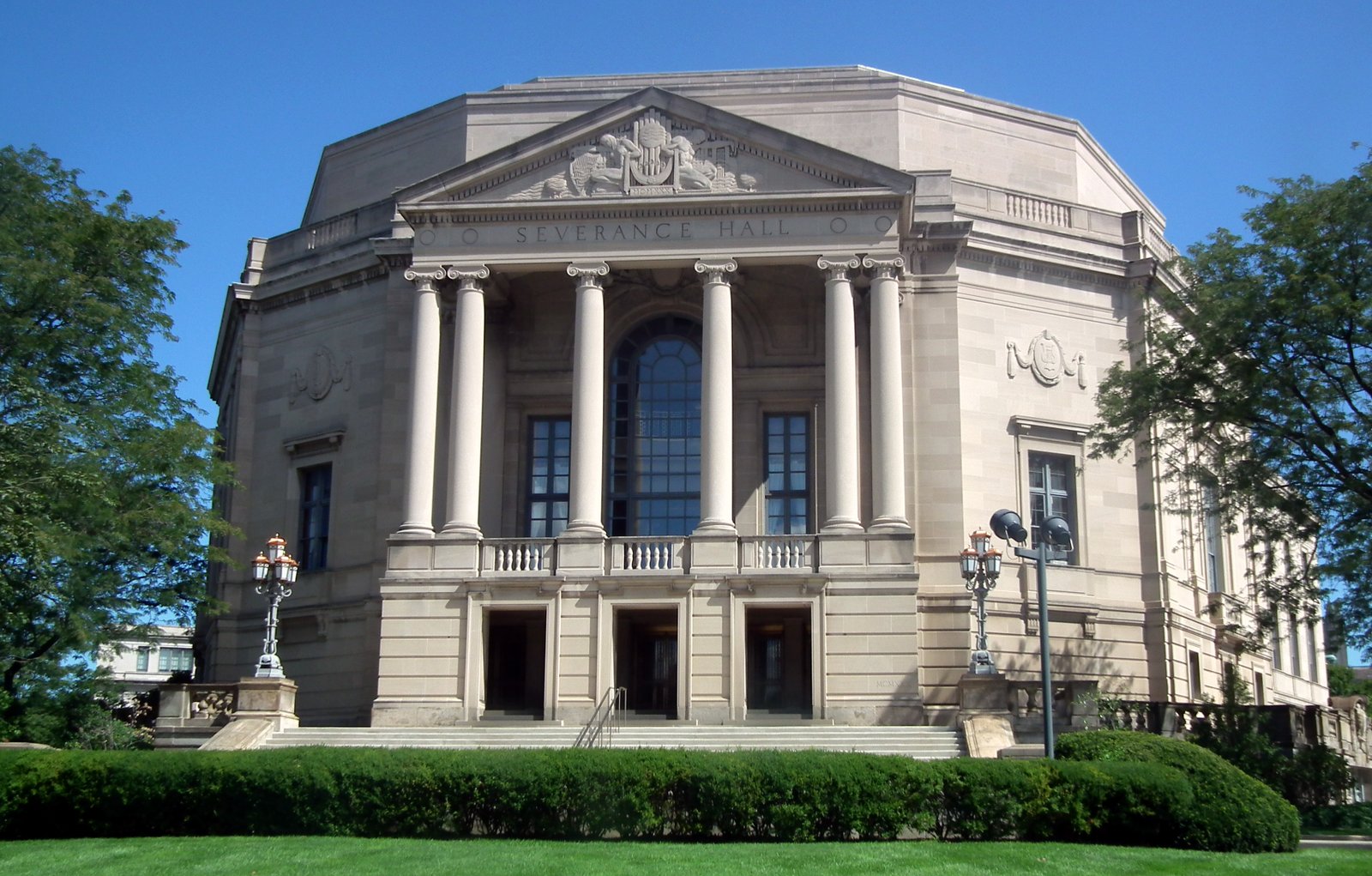 Severance Hall neoclassical facade illuminated at night, University Circle, Cleveland