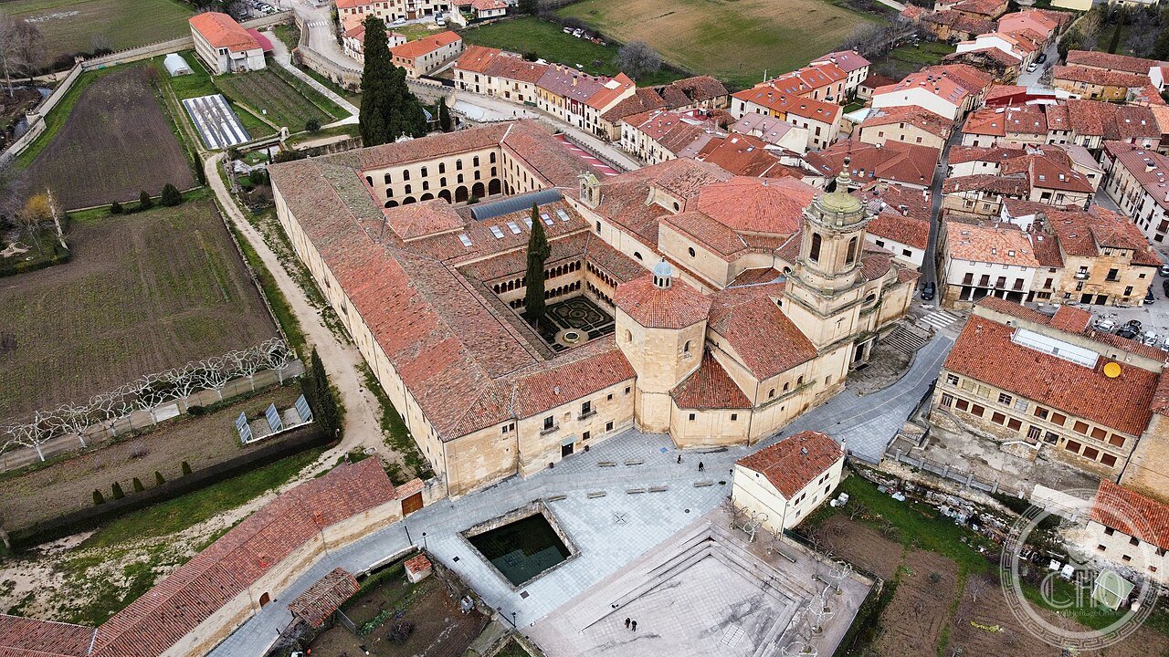 Aerial view of the Monastery of Santo Domingo de Silos, Burgos, Spain, founded 954, whose Romanesque cloister and monks' Gregorian chant recordings became internationally famous
