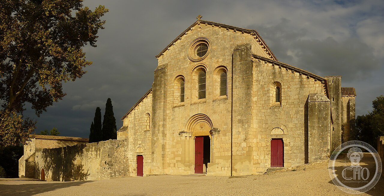 Facade of Silvacane Abbey, Provence, France, founded c. 1144 in a reed-covered marsh by the Durance river, one of the Three Sisters of Provence, abandoned by its monks in 1443 after decades of decline