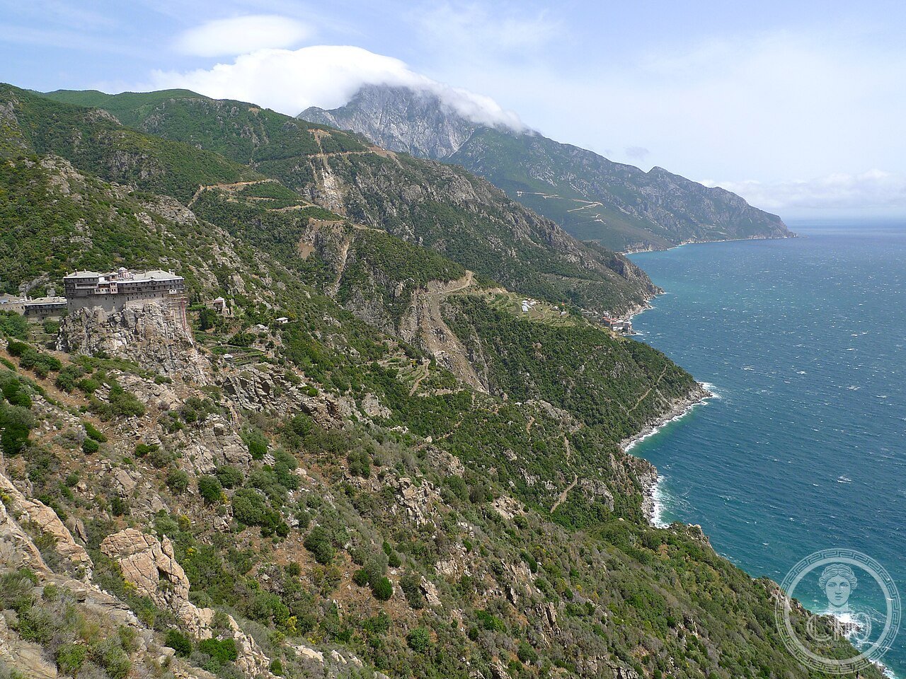 Simonopetra Monastery on Mount Athos, Greece, founded around 1257 and built hanging from a sheer cliff 330 metres above the sea, after a worker who fell from the rock face during construction reappeared unharmed
