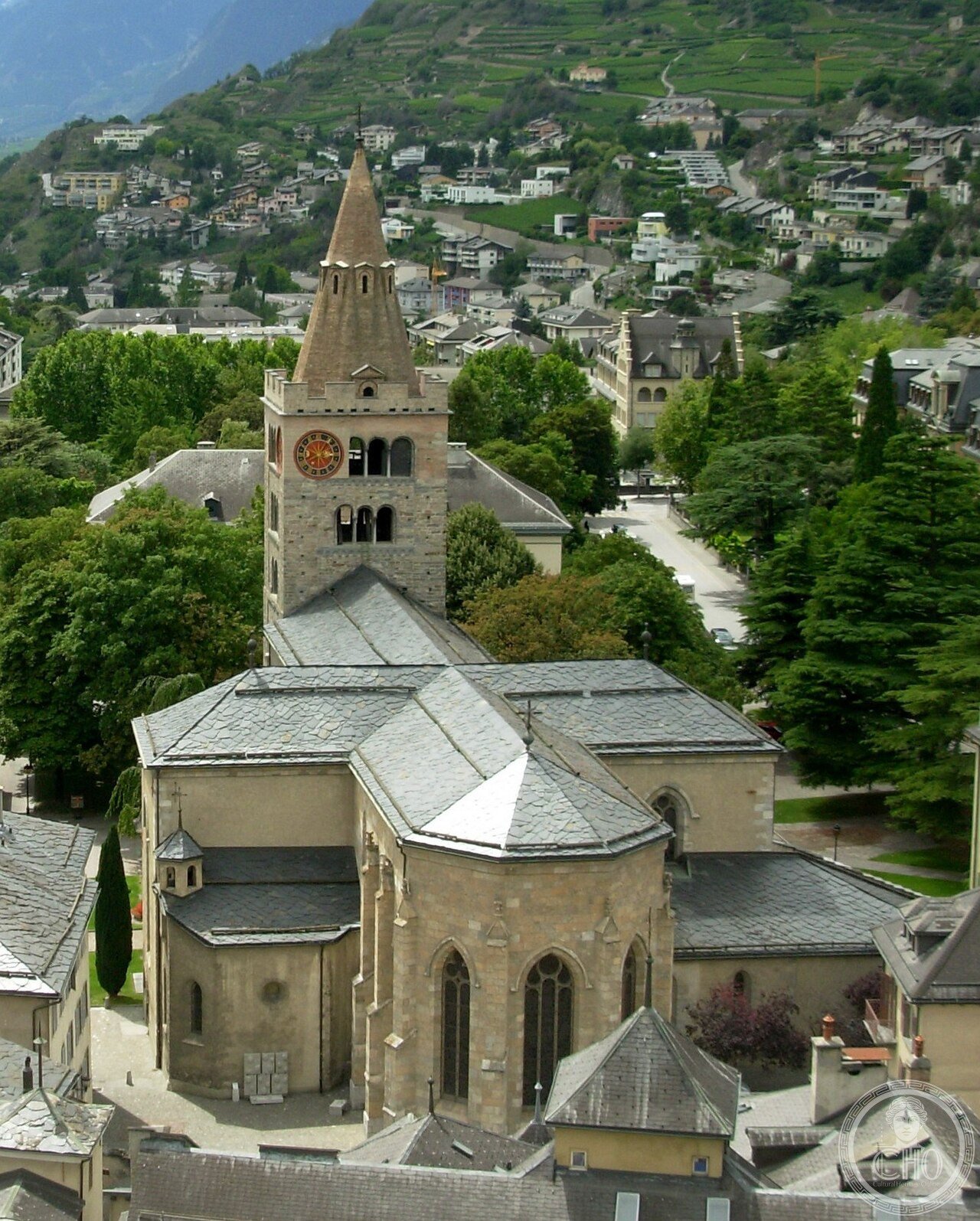 Sion Cathedral (Notre-Dame du Glarier), Switzerland, the youngest medieval cathedral in Switzerland, built late 15th to early 16th century over a Romanesque church with a 12th-13th-century bell tower porch