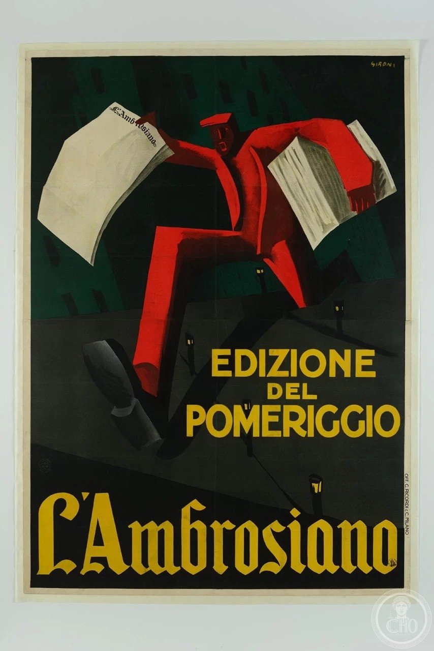 Sironi poster for L'Ambrosiano afternoon edition: a newsboy in red running with bundles of papers