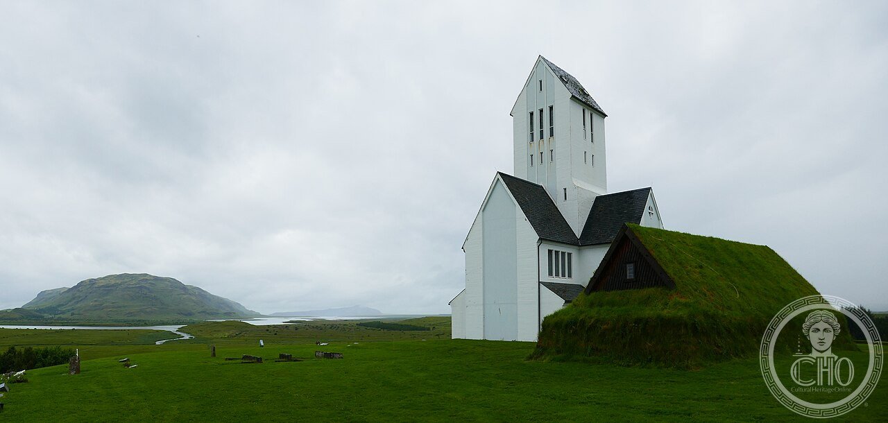 Wide exterior view of Skálholt Cathedral in southern Iceland, seat of Iceland's episcopal see from 1056 to 1796, where the last Catholic bishop Jón Arason was beheaded in 1550