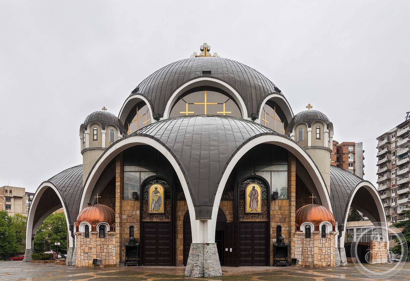 Cathedral Church of St. Clement of Ohrid in Skopje, North Macedonia, a modernist Macedonian Orthodox cathedral of cascading domes, built 1972-1990