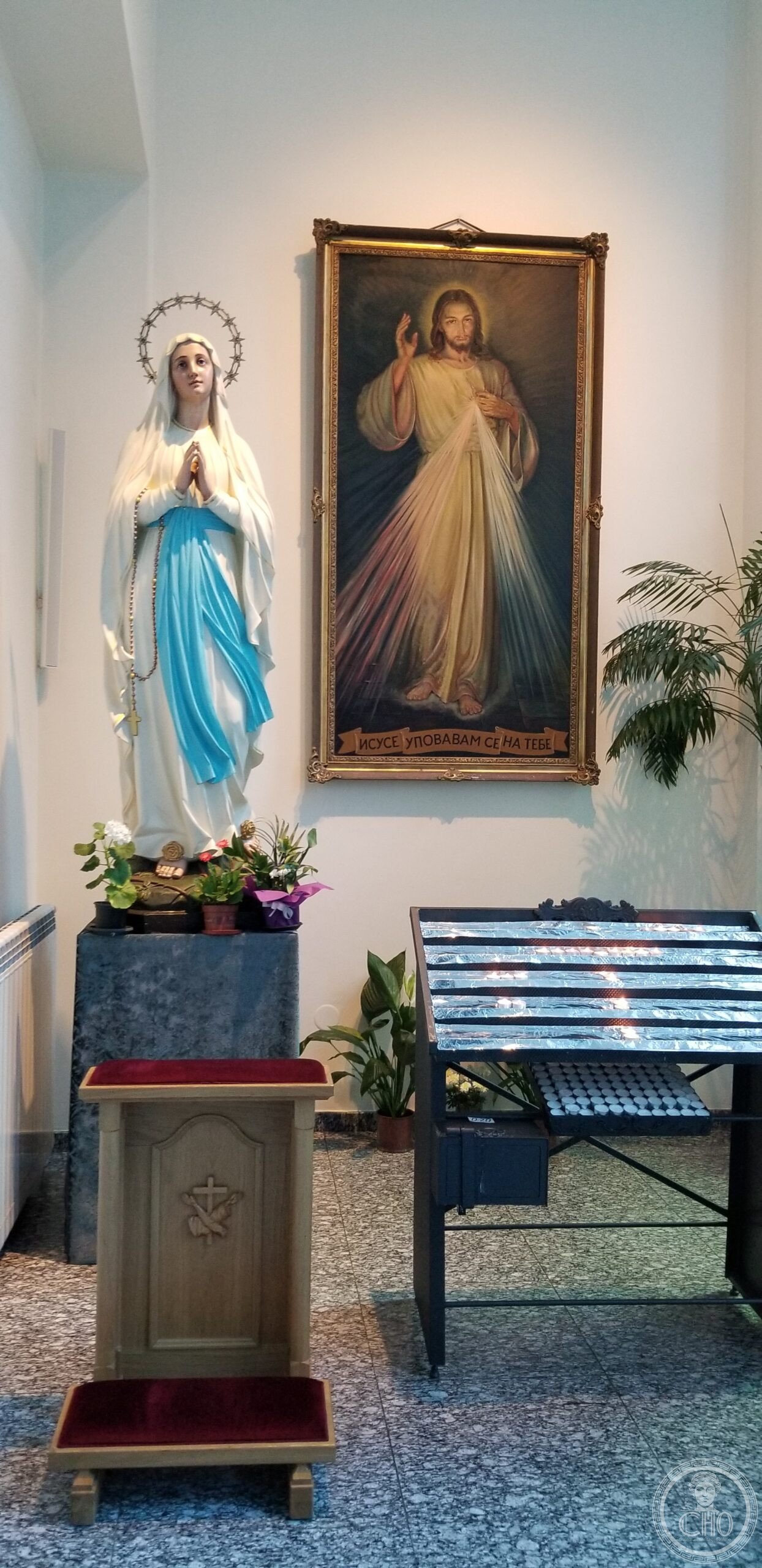 Interior side chapel of St. Joseph's Cathedral in Sofia, Bulgaria, with a statue of Our Lady of Lourdes and a Divine Mercy painting