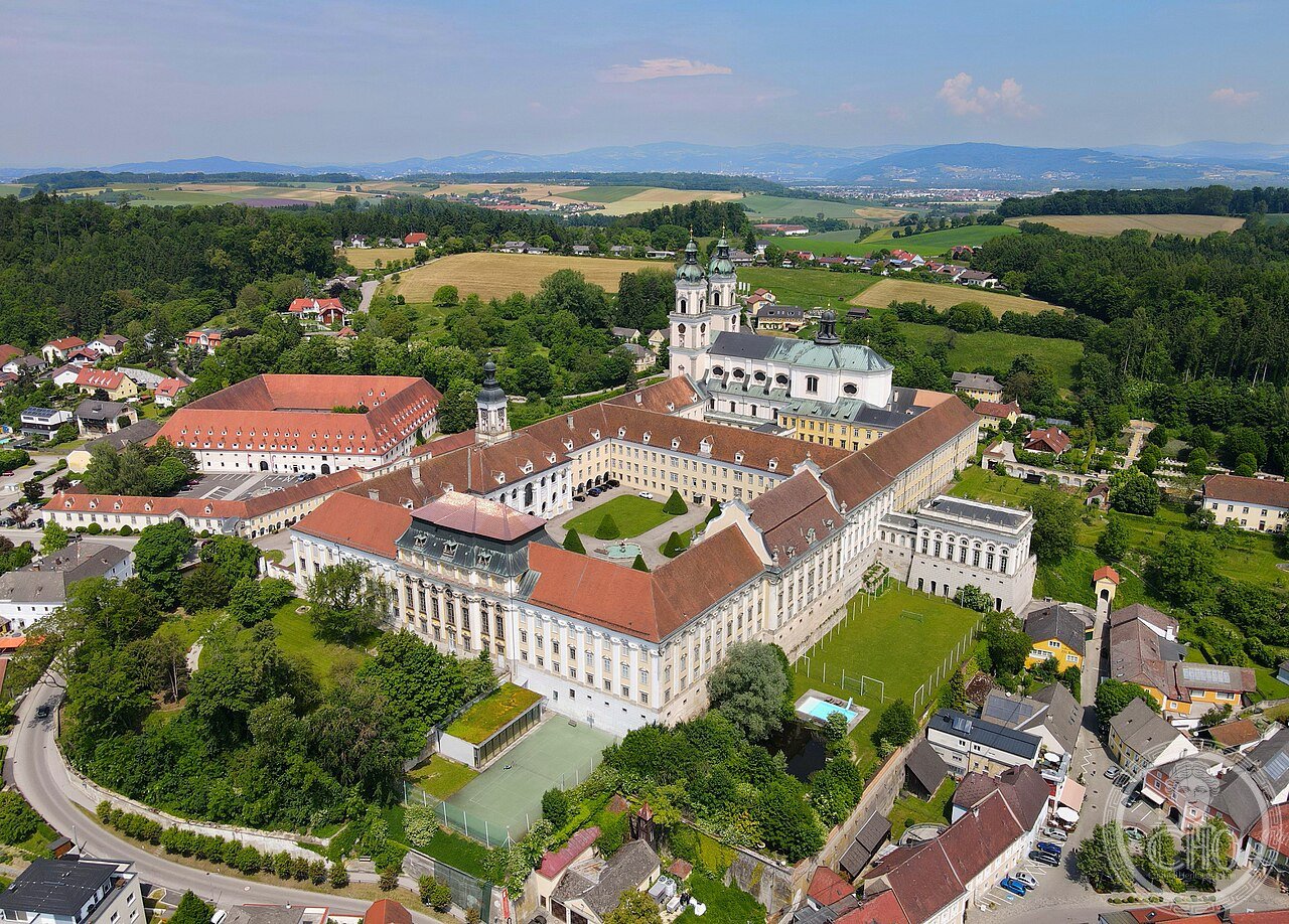 Aerial view of St. Florian Priory, Upper Austria, the largest monastery in Upper Austria, rebuilt in Baroque style 1686-1708 by Carlo Antonio Carlone and Jakob Prandtauer, where Anton Bruckner is buried beneath his own organ