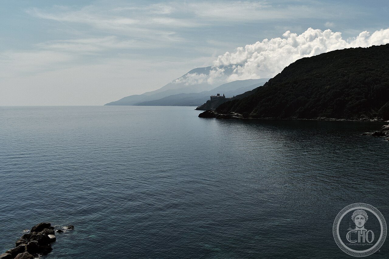 Stavronikita Monastery on Mount Athos, Greece, the smallest of the twenty ruling monasteries, perched on a rock outcrop above the sea and the last to be officially reinstated, in 1536