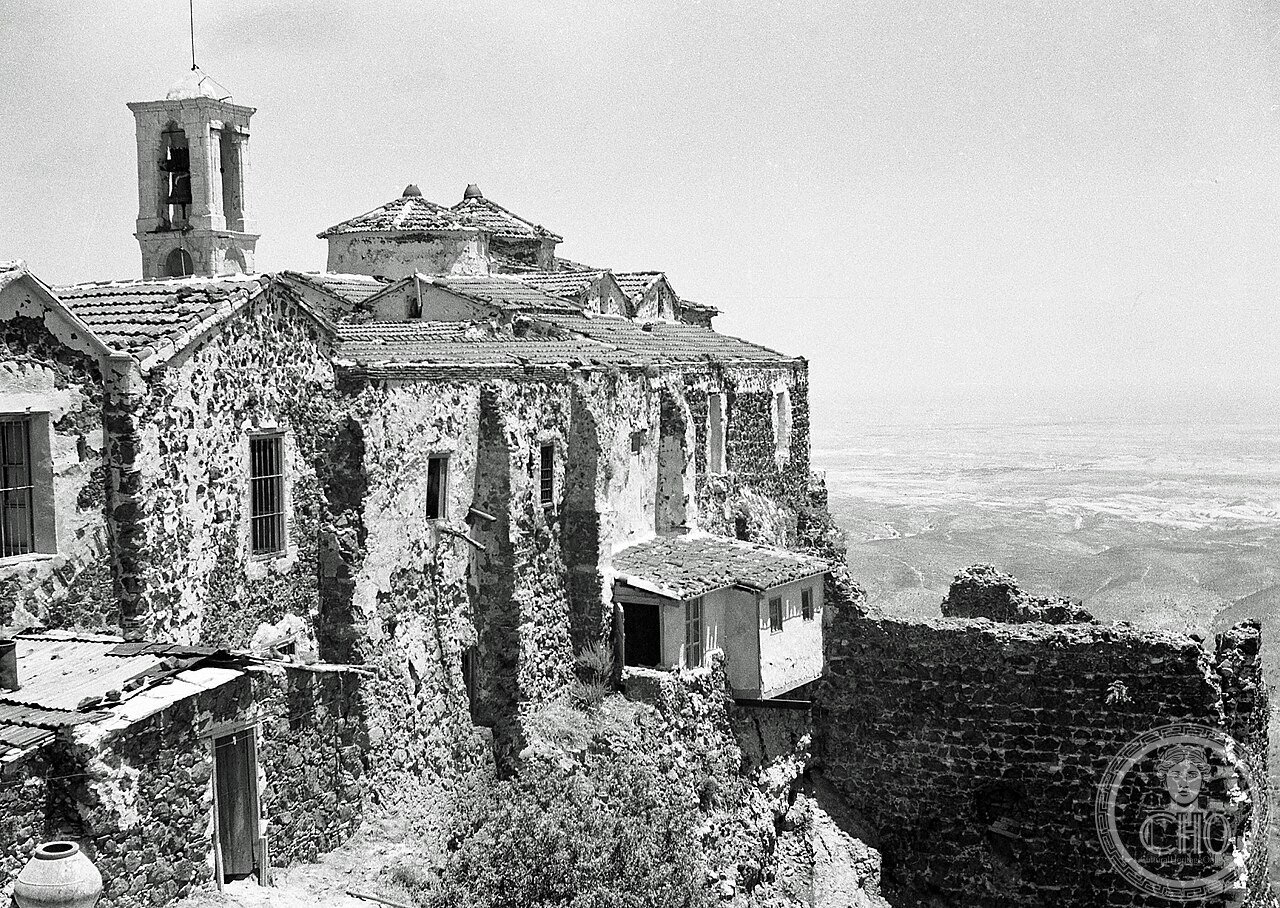 Stavrovouni Monastery atop a mountain in Cyprus, founded around 327-329 AD by Saint Helena, mother of Constantine the Great, who left a fragment of the True Cross there after it reportedly glowed and moved to the mountaintop overnight